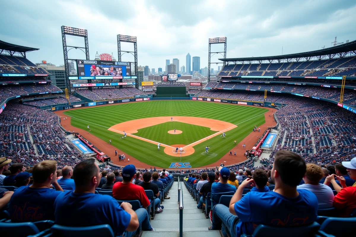 Vue depuis les gradins supérieurs du Citi Field montrant la perspective élevée sur tout le terrain de baseball des Mets avec la skyline de Manhattan en arrière-plan