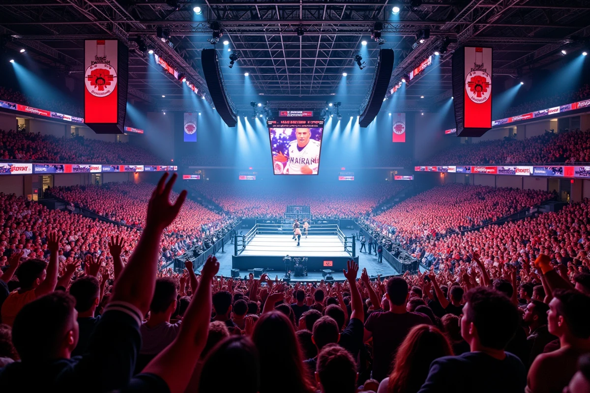 Vue grand angle d'une arène comble lors d'un événement WWE à Paris avec le ring au centre et des milliers de spectateurs