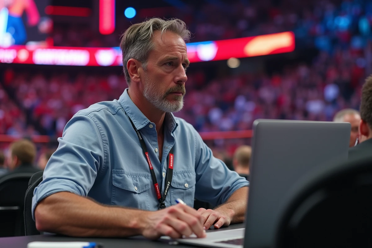 Journaliste sportif acccrédité prenant des notes en bord de ring lors d'un événement WWE à Paris